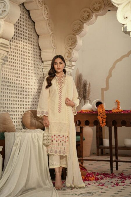 Cream Color Semi Stitched Luxury Lawn Pakistani Salwar Kameez