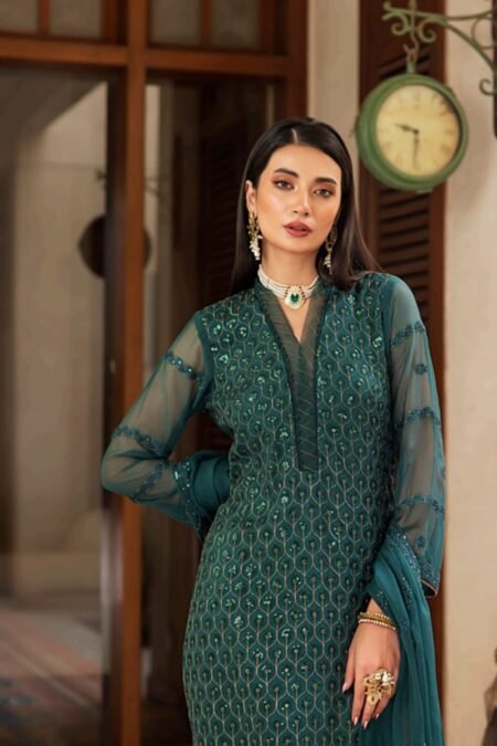 dark sea green Color Stitched Chiffon Pakistani Wedding Salwar Kameez