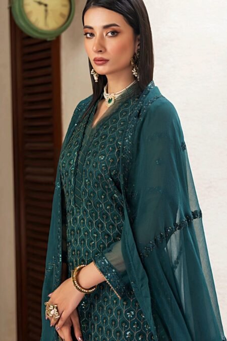 dark sea green Color Stitched Chiffon Pakistani Wedding Suits