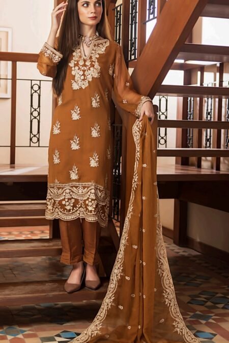 Golden Color Stitched Chiffon Pakistani salwar kameez
