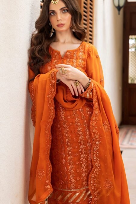 Orange Color Stitched Chiffon Pakistani dresses