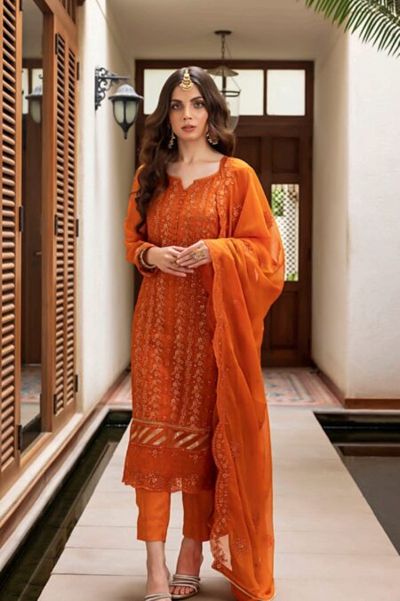 Orange Color Stitched Chiffon Pakistani suits