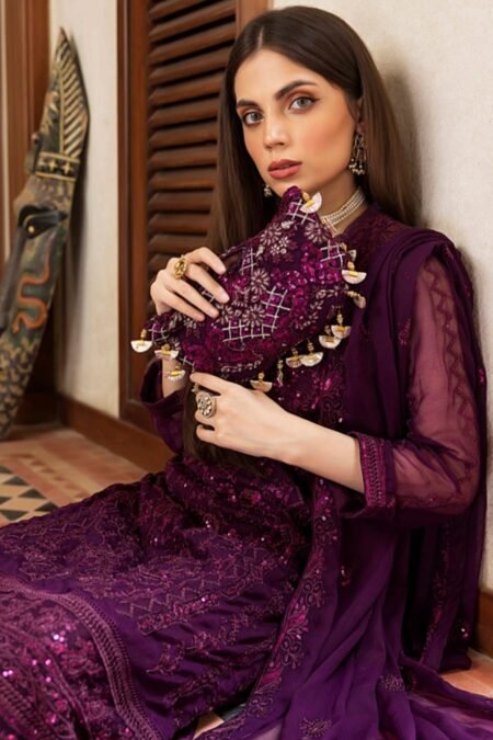 Purple color stitched chiffon pakistani salwar kameez