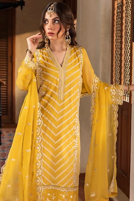 yellow color stitched chiffon pakistani dresses