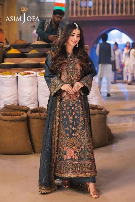 dark grey color embroidered twisted silk pakistani eid suits