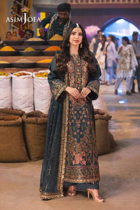 dark grey color embroidered twisted silk pakistani suits