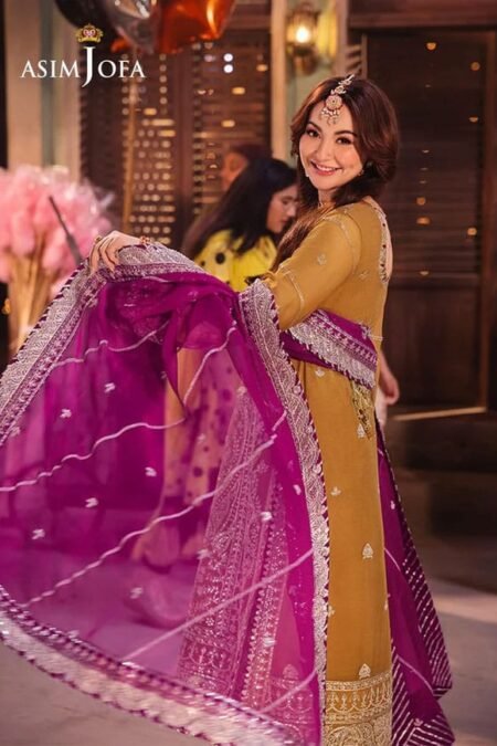 Golden Color Embroidered Chiffon Pakistani wedding Suits