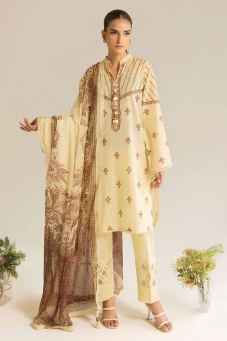 3 Piece Unstitched Printed Embroidered Lawn Suit with Printed Chiffon Dupatta - 02