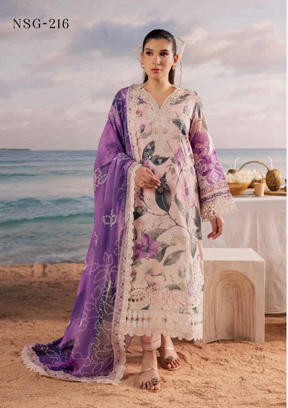 Unstitched Purple and Off-White Color Salwar Suit - 002