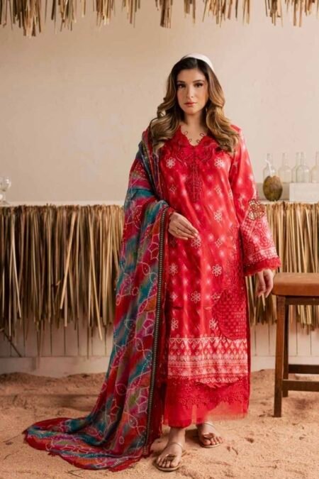 Nureh Red Color Embroidered Printed Lawn - 009
