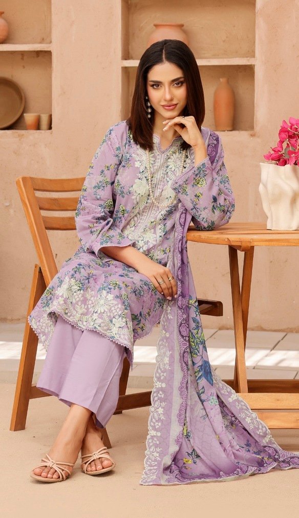 Purple Color Embroidered 3 Pcs Lawn Suit - 006 - Image 3