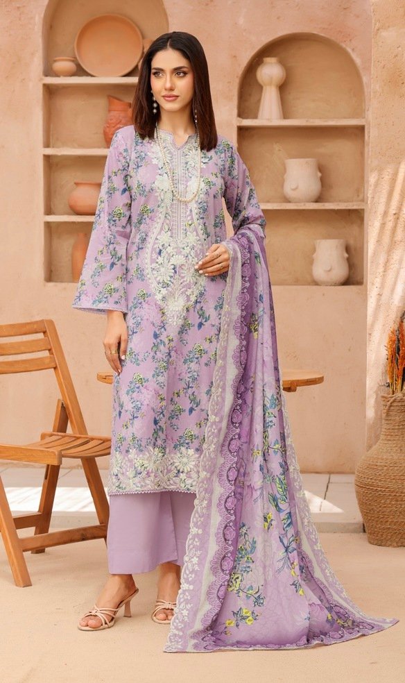 Purple Color Embroidered 3 Pcs Lawn Suit - 006