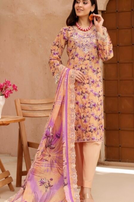 Dark Peach & Purple Color Embroidered 3 Pcs Suit - 003