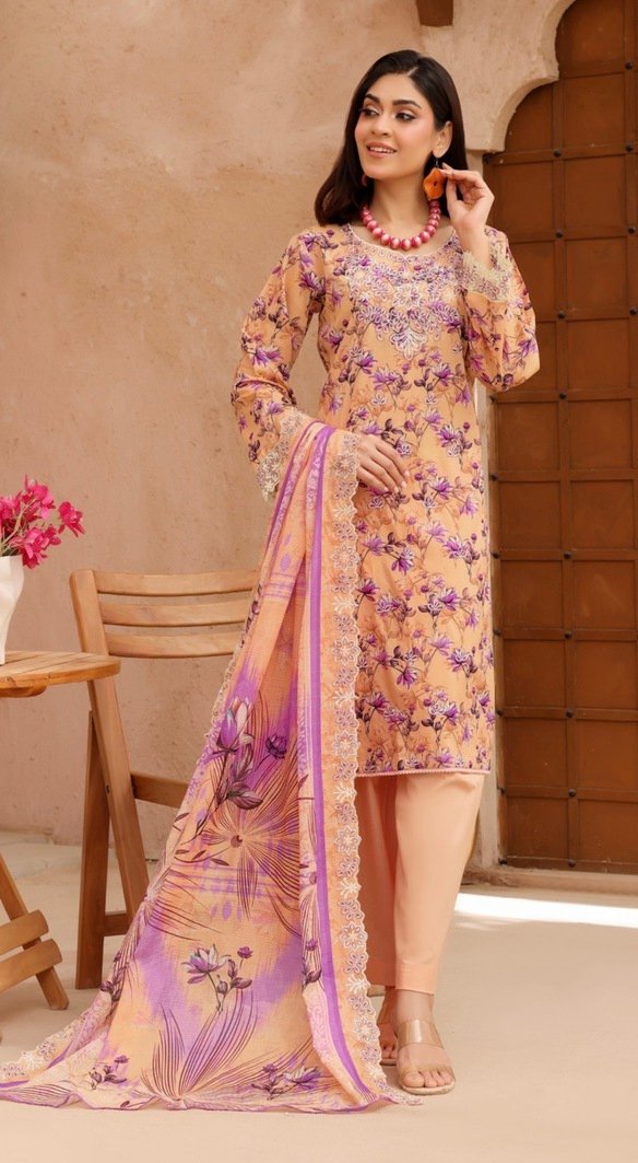 Dark Peach & Purple Color Embroidered 3 Pcs Suit - 003