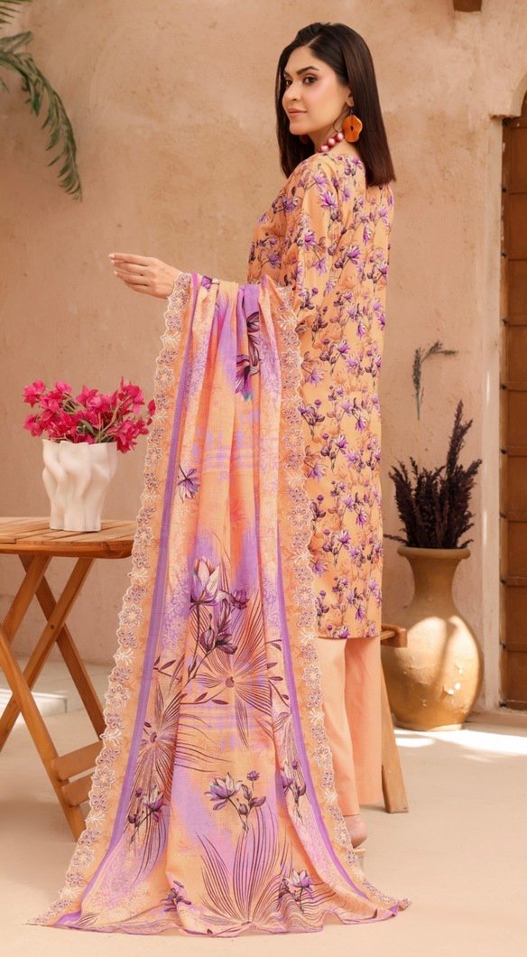 Dark Peach & Purple Color Embroidered 3 Pcs Suit - 003 - Image 2
