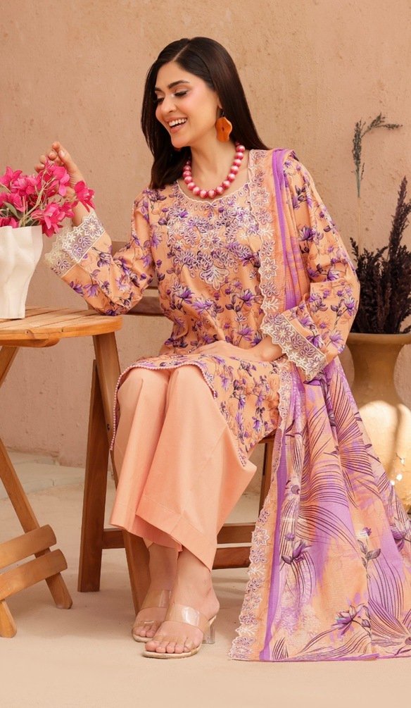 Dark Peach & Purple Color Embroidered 3 Pcs Suit - 003 - Image 4