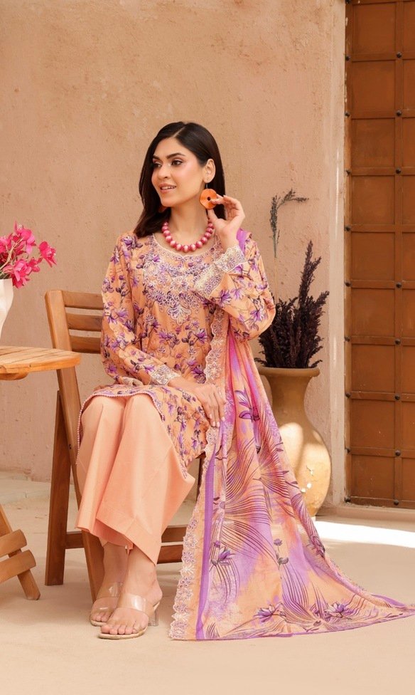 Dark Peach & Purple Color Embroidered 3 Pcs Suit - 003 - Image 3