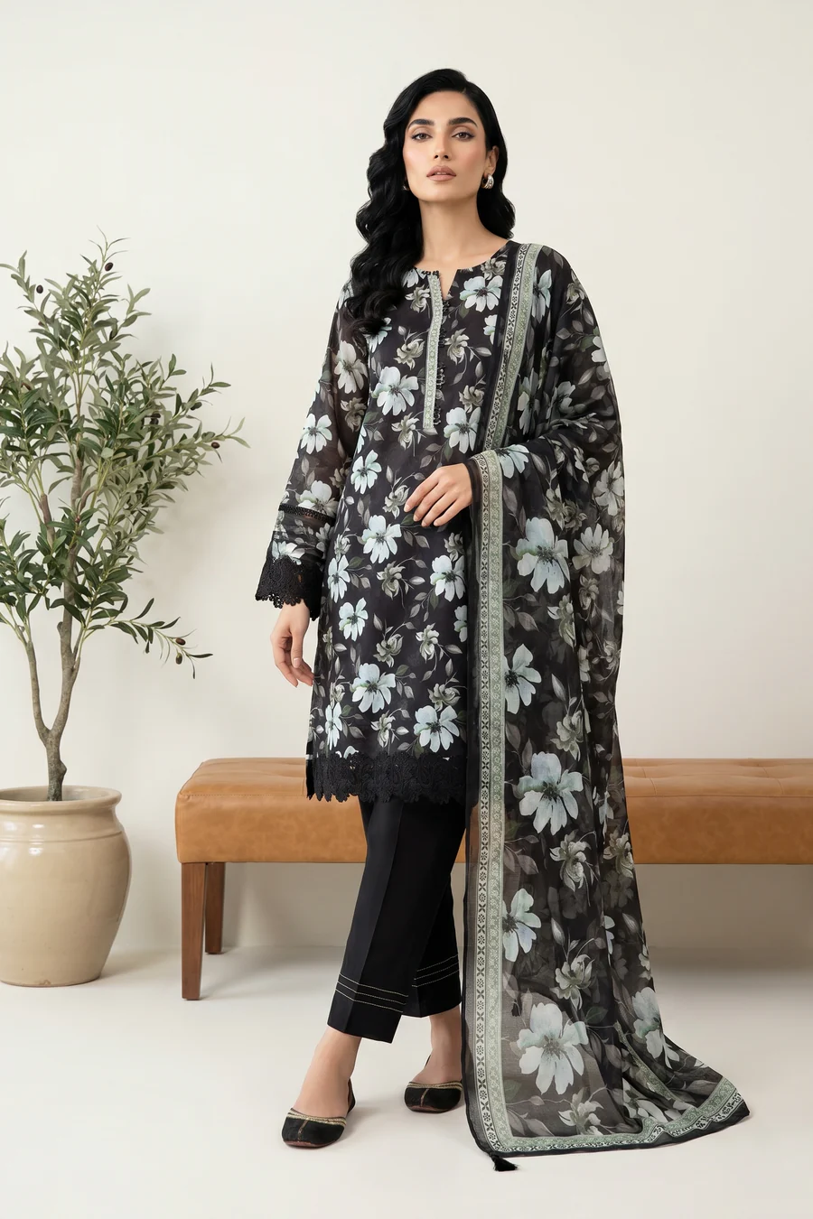 Elegant Black Base White Pattern Lawn Suit