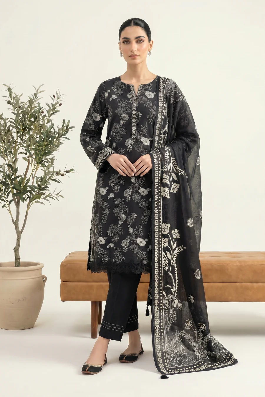 3-Pieces Unstitched Black and White Lawn Salwar Kameez with Dupatta - LK003 - Image 2