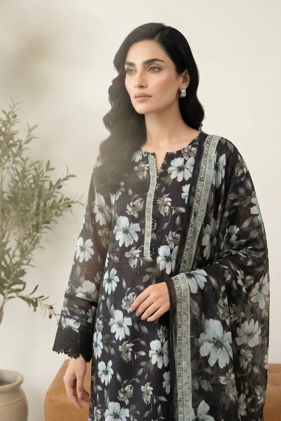 Elegant Black Base White Pattern Lawn Suit with Dupatta - LK004 - Image 2