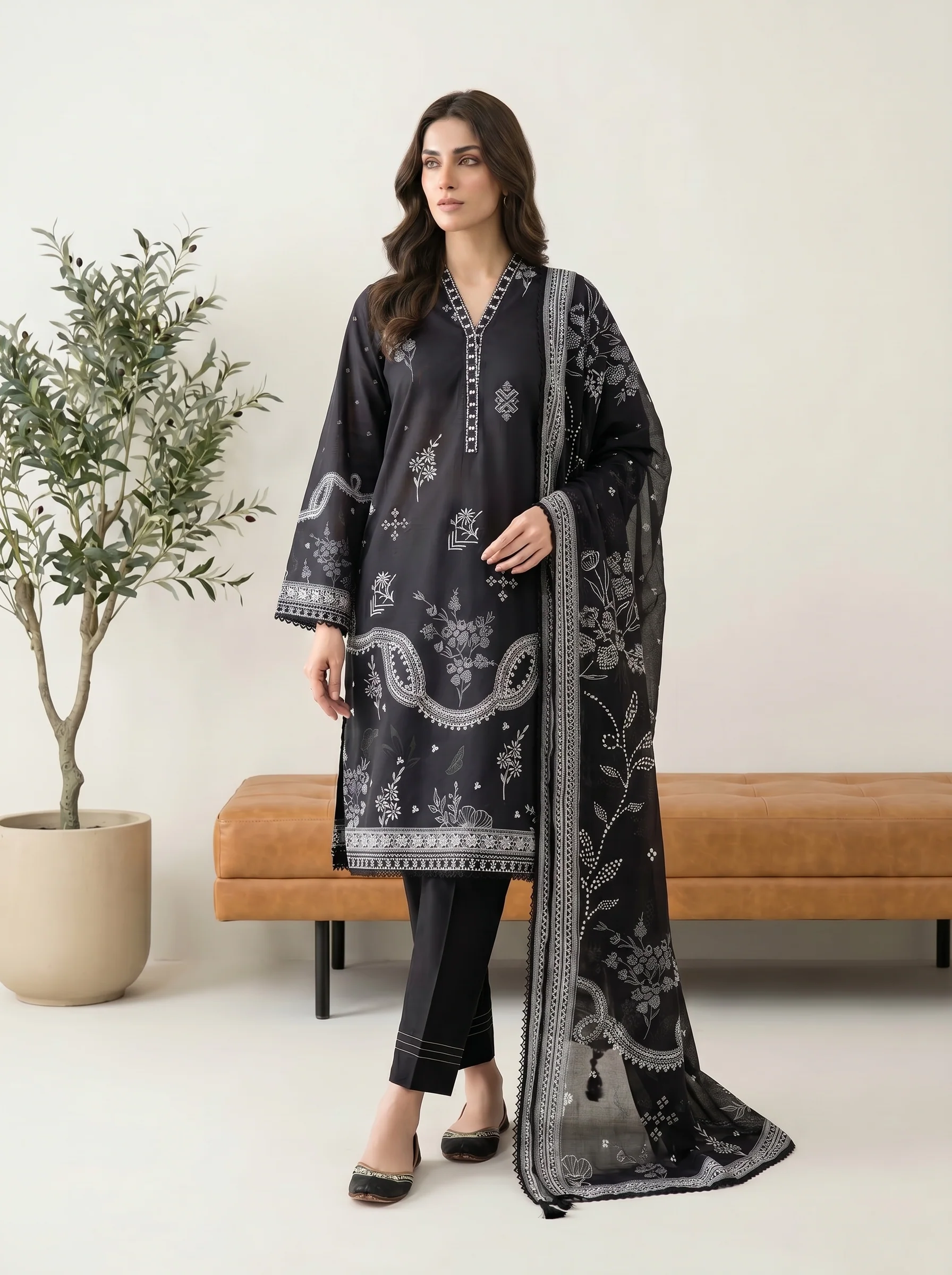 Casual Chic Black & White Lawn Suit Set - LK001 - Image 3