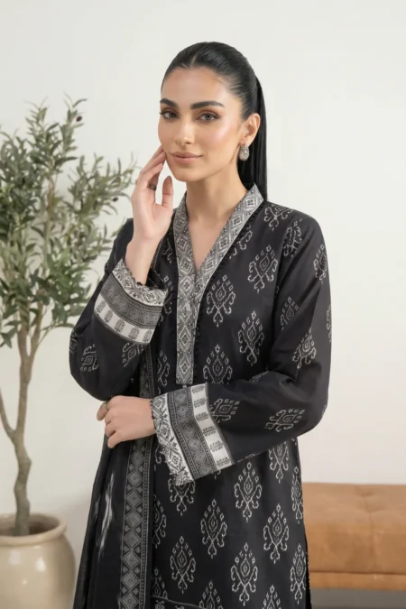 Minimalist Black Lawn Suit with White Prints