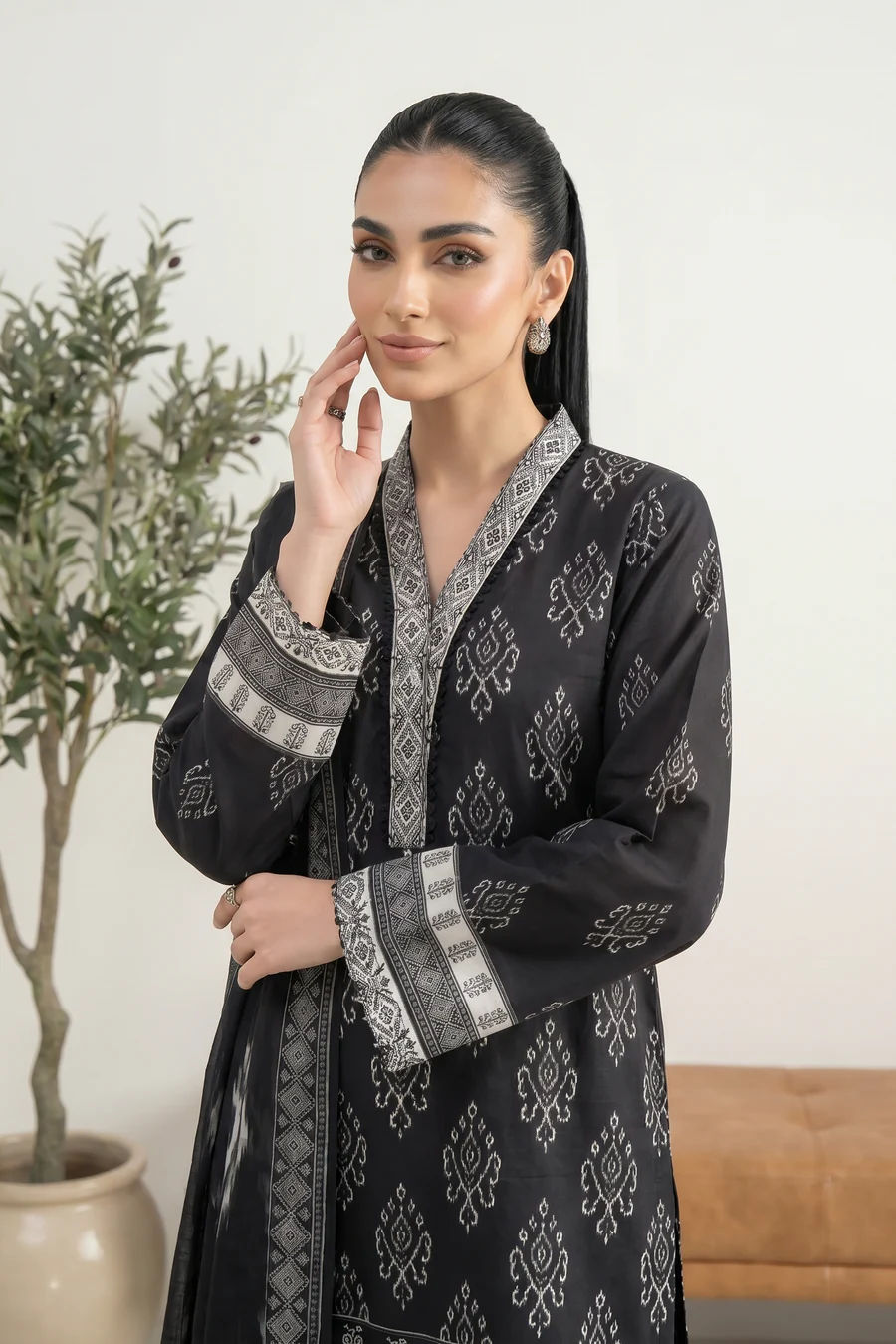 Minimalist Black Lawn Suit with White Prints