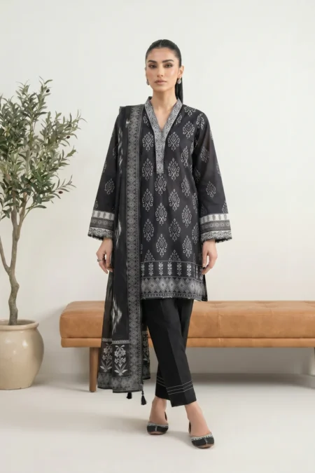 Minimalist White Lawn Suit with Black Prints