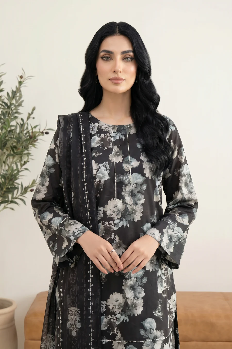 Floral Pattern Black & White Printed Lawn Suit - LK007 - Image 2