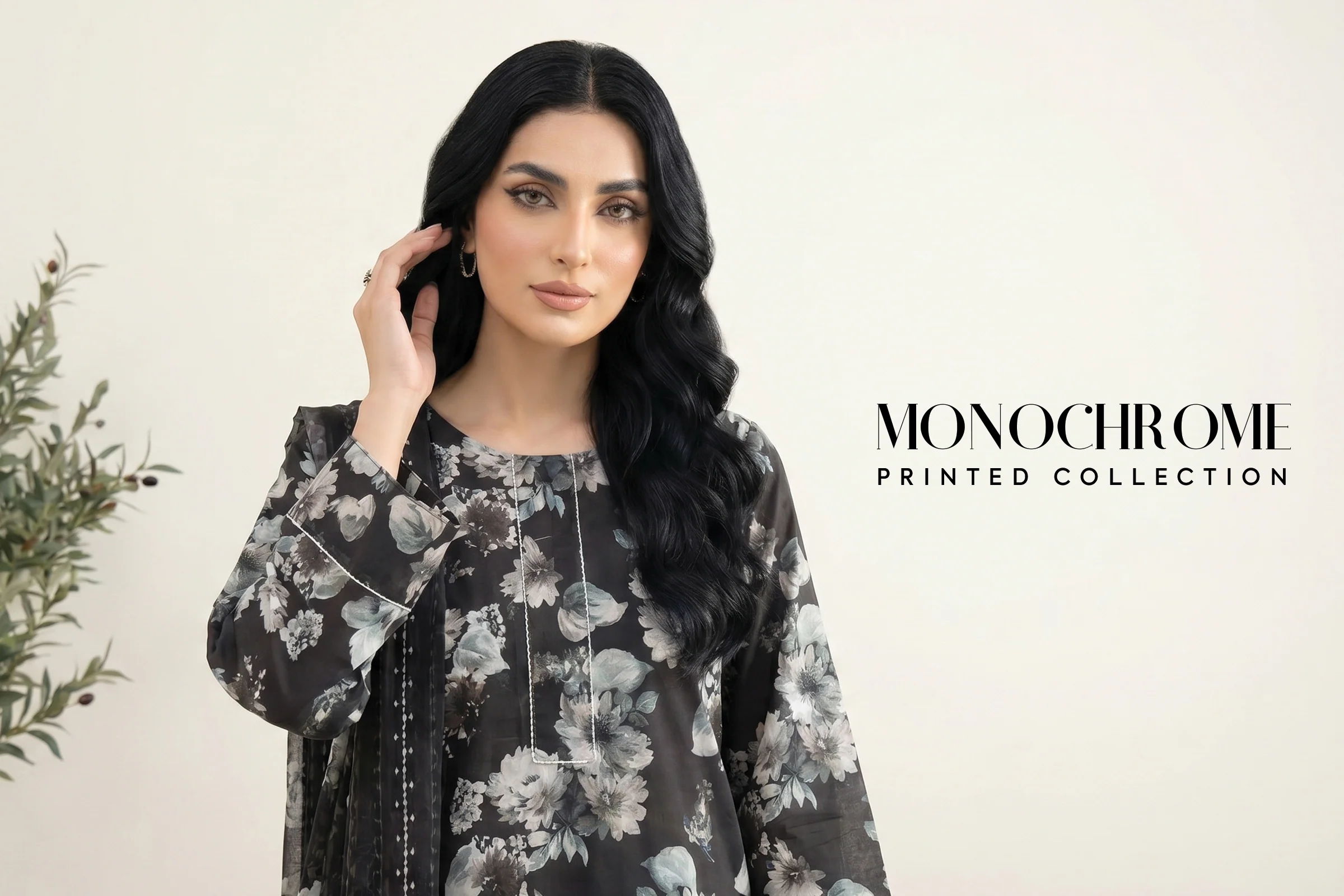 Monochrome Floral Pakistani Lawn Suits Online