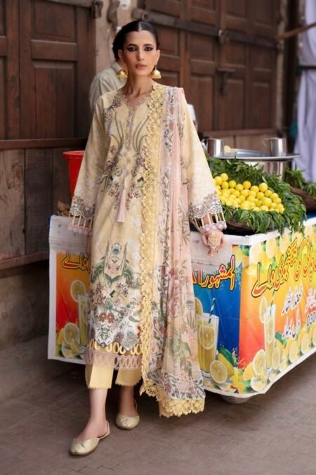 yellow embroidered lawn suit